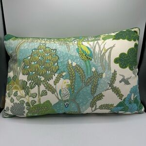 Pepe Peñalver Tropical Bird Botanical Designer Lumbar Pillow Green Aqua 23 X 14
